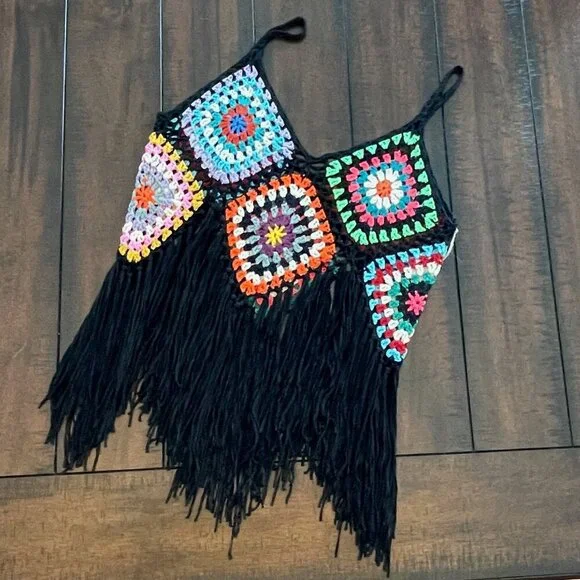 Crochet Granny Square Fringe Hem Hippie Boho Retro Cami Crop Top - Picture 2 of 6